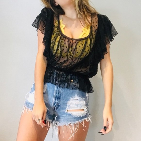 Free People Tops - Free People black mesh polka dot ruffle top